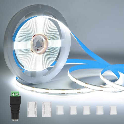 KWODE COB LED Streifen 6000K Weißes, 5M 320LEDs/M Dimmbar COB LED Strip, 12V DC Flexibel Lichtleiste CRI 90+ für Wohnzimmer Schlafzimmer Küche DIY Dekoration (Ohne Strom und Fernbedienung)