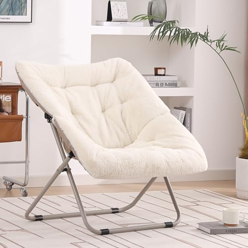 YOTATING Saucer Chair, Comfy Faux Fur Chair Oversized Folding Soft Furry Lounge Lazy Chair Metal Frame Moon Chair Accent Chair for Bedroom, Living Room, Dorm Rooms, Beige