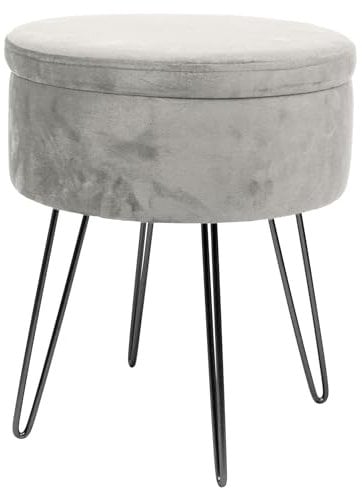 Harbour Housewares Velvet Round Foot Stool with Storage - Grey with Black Legs - Modern Dressing Table Pouffe Footstool Vanity Seats Vanity Chairs Footstools for Living Room, Bedroom