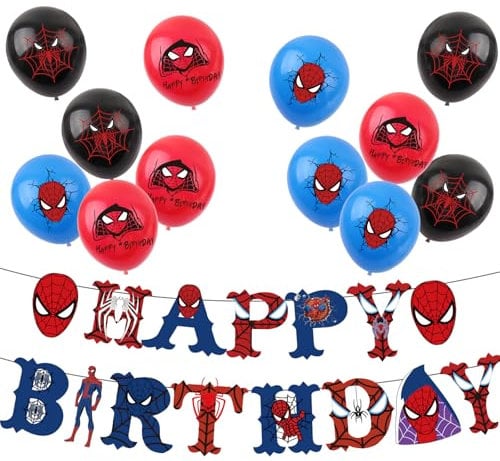 Spider Birthday Decorations Spider Party Pack with 1pcs Happy Birthday Spider Banner and 12pcs 12inch Spiderman Birthday Balloons for Kids Boys Superhero Spider Theme Party Decorations