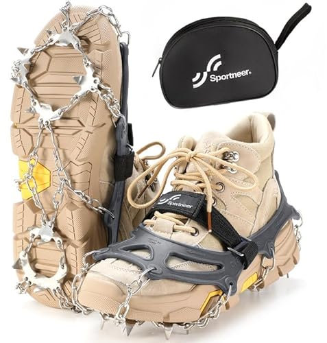 Sportneer Steigeisen Eisstollen Traktion, 19 Spikes Edelstahl Anti-Rutsch EIS Schnee Grips für Schuhe Stiefel, Sicherer Schutz für Gehen, Joggen, Klettern, Angeln, Bergsteigen, Wandern