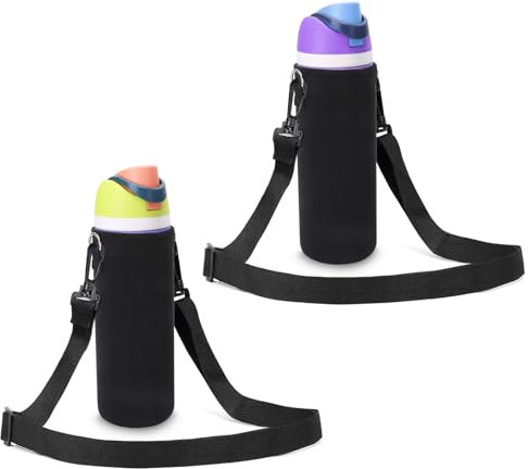 UWSTE Water Bottle Holder for Owala 24 oz, Neoprene Insulated Water Bottle Carrier Pouch with Adjustable Shoulder Hand Strap for Hiking Travelling Camping (2 Pack, Black)