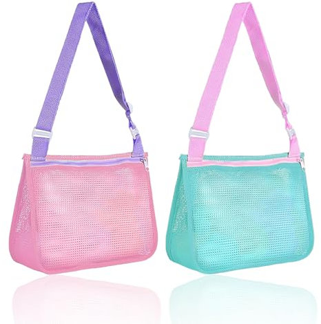 WUFGWBD 2 Pieces Beach Toy Storage Bag, Kids Beach Accessories, Kids Beach Bag, Kids Net Bag, Beach Shell Collection Bag, Foldable Beach Bag