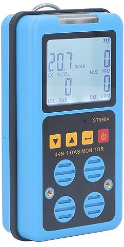 Gasmelder, 4 Gasmonitor für H2S, O2, CO und UEG, Tragbarer Visueller Gasleckdetektor mit Vibration, Ton, Licht, LCD-Gastester mit Hintergrundbeleuchtung, Wiederaufladbarer