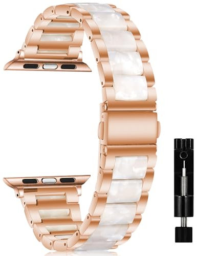 CeiBand Métal Mujer Correa para Apple Watch 38mm/40mm/41mm/42mm(Series 11/10), Resina Métal Pulsera de Reloj, Hombre Mujer Correa para iWatch Ultra3/Series 11 10 9 8 7 6 SE 5 4 3 2 1 - Rosa Blanco