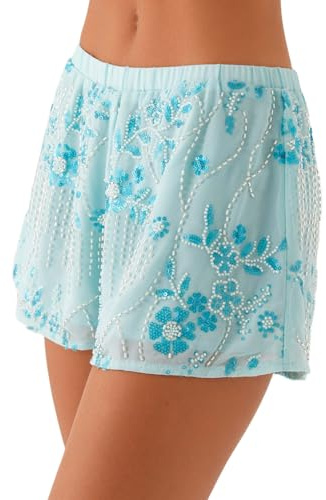 Geagodelia Damen Sequin Kurze Hose Sommer Elegant Elastisch Blumen Shorts Glitzer Sommerhose Leichte Sexy Hotpants Floral Mini Shorts (A - Blau, XL)