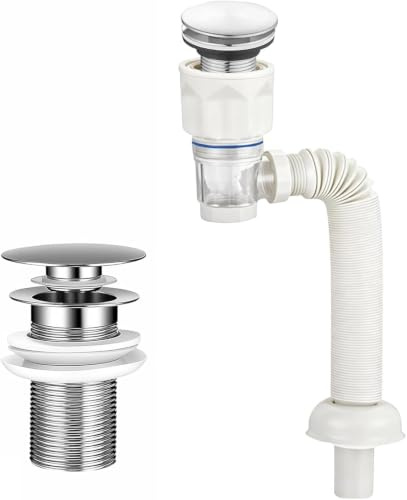 Dexpally Kit Scarico Lavandino Bagno Acciaio Inossidabile, Tubo Flessibile Allungabile (300-1000mm) con Pop-Up Antiodore & Prova Insetti, Montaggio Senza Strumenti, per Bagno e Cucina.(Bianco)