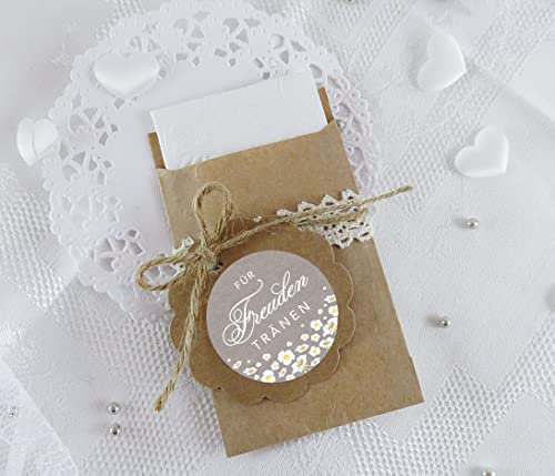 Freuden Tränen Taschentücher Set zur Hochzeit Klein 24 Sticker + 24 braune Flachbeutel - Kraftpapier - 63 x 93 mm Für Freudentränen Taschentuch Verpackungen mit weißen Blumen im Reto Packpapier Look