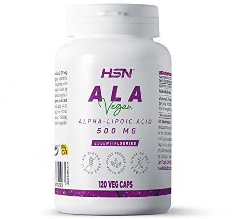 Ácido Alfa Lipoico 500 mg de HSN | 120 Cápsulas Vegetales de Puro ALA ó Ácido Tióctico | Con Vitamina E Natural | No-GMO, Vegano, Sin Gluten