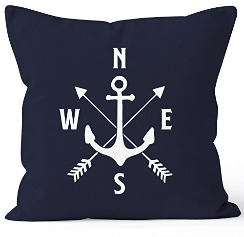 MoonWorks Maritimer Kissen-Bezug Anker Kompass Arrows Kissen-Hülle Deko-Kissen Baumwolle Navy Unisize