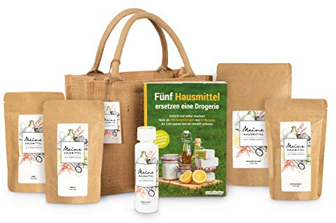 HANSE PRO Geschenk-Set Meine Hausmittel zum Selbermachen I Natron I Soda I Essig I Zitronensäure I Kernseife I Nachhaltige Geschenke I mit praktischer Jute-Tasche (mit Buch)