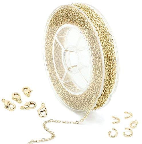 ALEXCRAFT 10 Meter Gold Gliederkette Schmuckherstellung Kette Überzogene Halskette Kabel Kette Metallkette mit 50 Sprung Ringe und 20 Karabinerverschlüsse für Schmuck Herstellung
