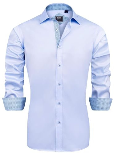 J.VER Men's Blue Business Dress Shirts Long Sleeve Regular Fit Stretch Fashion Formal Shirt Wedding Work Wrinkle Free 4XL