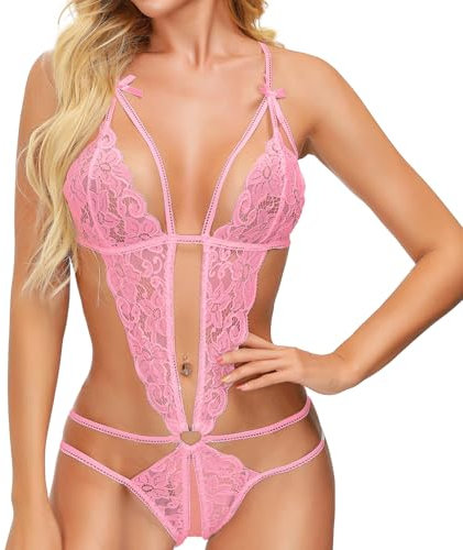 EVELIFE Body Femme Sexy Dentelle Florale Col V Profond Babydoll Lingerie Dos Ouvert Sous Vêtements de Nuit Transparent(Rose X-Large)