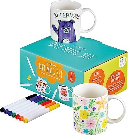 THE TWIDDLERS Decorate Your Own Mug Set, Paint with Colour Pens - 4 Mugs Arts & Crafts Pottery Kit for Kids and Adults, Personalised Birthday Day Gift for All
