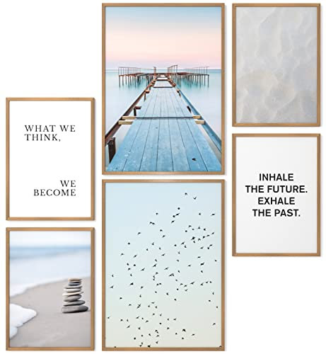 Papierschmiede® Mood Poster Set Zeitlos, Bilder Set mit Rahmen (Farbe wählbar) Wohnzimmer Deko Modern, 2x A4 & 4x A5, decoration boho style Strand Steg Ruhe Blau Türkis
