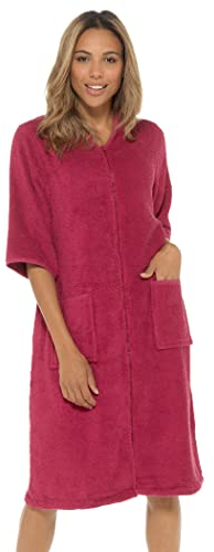 Undercover Damen Frottee-Bademantel 100% Baumwolle mit Reißverschluss, wein,