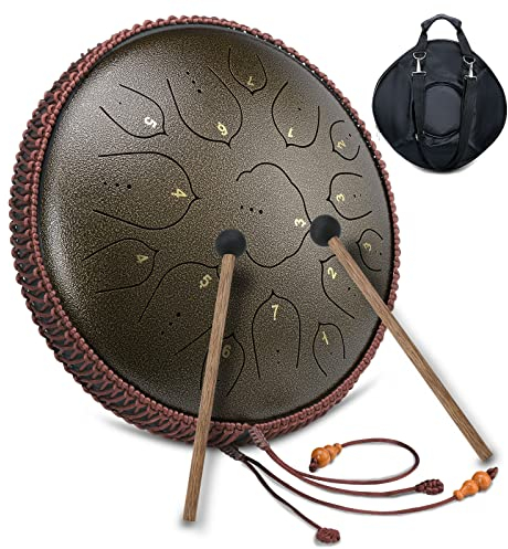 Tongue Drum Zungentrommel Groß Stahlzungentrommel Ätherische Trommel D Dur 14 Zoll 15 Tone Steel Tongue Drum Handpan Instrumente für Yoga,Meditation,Klangheilung (mit Tragetasche, Drumsticks)