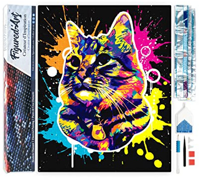 Figured'Art Diamond Painting Erwachsene 40x50cm Ganze Leinwand gerollt Katze Pop Art 5D Bilder Eckige Steine - DIY Set Basteln