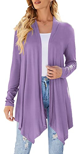 Cardigan da donna drappeggiato aperto sul davanti casual a maniche lunghe leggero cardigan maglioni spolverino, Lilla, L