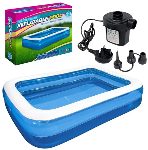 COOZi Paddling Pool – 2M with AC Pump Large Inflatable Pool for Kids, Toddlers & Adults, Durable Outdoor Swimming Pools with Self-Adhesive Repair Patch, Rectangle Pools for Summer Fun