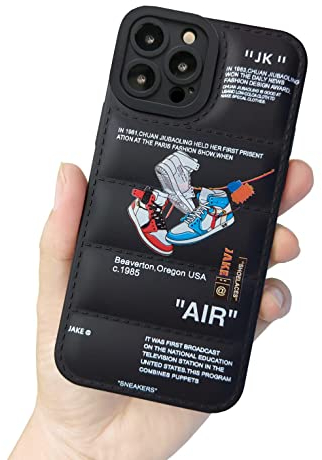 Ins Off Sports Shoes Brand Puffer Phone Case Puffy Cover Compatible with iPhone 13 Pro Max 6.7 inch, Sneakers White Label Graphics Soft Silicone Full Body Shockproof Protective Phone Case, Black