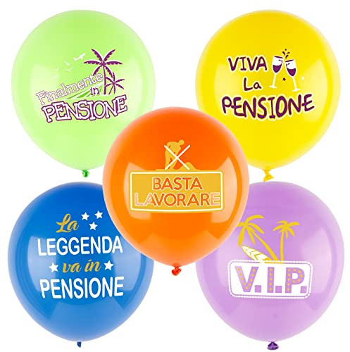 25pz Palloncini Pensione Colorati Italiano Lattice Decorazione Gadget Addobbi per Festa Pensionamento Pensionato Donna Uomo