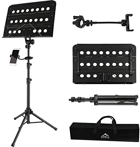 Eastrock Klappbarer Notenständer, 2-in-1, Notenständer, tragbar, Metall, mit Tasche, Teleskop-Notenständer mit Telefonhalterung, Buchständer, faltbar, höhenverstellbar