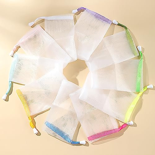 Kootinn Lot de 10 pochettes à savon en maille exfoliante double couche en mousse épaisse avec cordon de serrage (Multicolore)