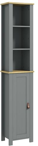 kleankin Meuble Colonne de Salle de Bain Armoire Toilette Haute Placard à 3 Niveaux étagères réglables Porte en lambris poignées en Similicuir 34 x 23 x 165 cm Gris
