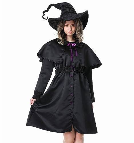 YNIEIAA Karneval Kostüm Damen, Teufel Kostüm, Schwarz Engel Kostüm, Hexe Kostüm, Frauen und Teenager Mädchen Kleidung Faschingskostüme Set - Kleid, Mützen, Gürtel, Umhang Schwarz 1 L