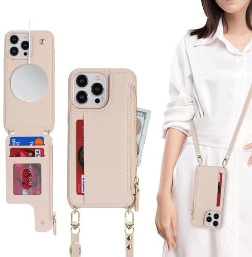 SailorTech for iPhone 11 Pro Max Case with Credit Card Holder magsafe, iPhone 11 Pro Max Phone Leather Case Wallet for Men Crossbody with mag safe Zipper Shockproof Case for Women - Beige