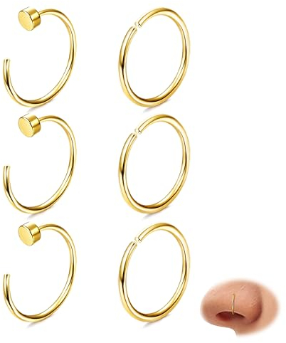 Diamday 6pcs Piercing Nez Anneaux 316L Acier Chirurgical Piercing Oreille C Forme Septum Anneau Faux Piercing Nez Lèvre Anneaux Helix Piercing Or Argent Conch Tragus Daith Rook Boucles d'oreilles