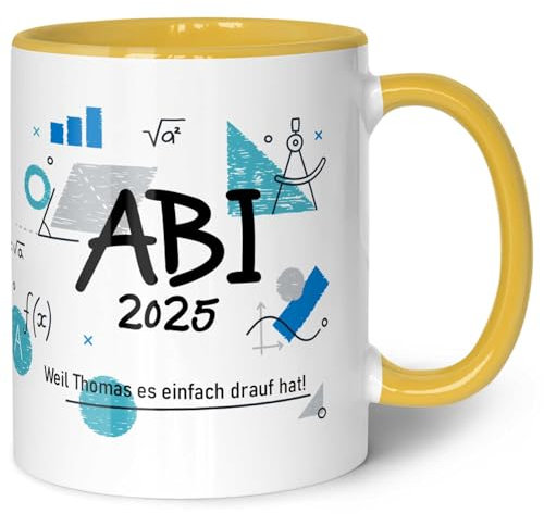 GRAVURZEILE Bedruckte Tasse mit Spruch - Abi - Personalisiert mit Namen & Jahr - Weil ich's einfach drauf hab! - Spülmaschinenfest - Geschenk zum Abschluss für Jungen & Mädchen - Farbe: Gelb