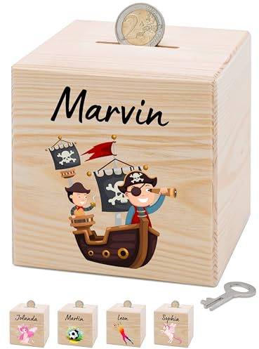 Bärenfreunde® - Personalisierte Spardose Kinder aus Holz mit Metallschloss - Spardose mit Namen mit kinderfreundlichem UV-Druck zum Sparen für Kinderträume (Piraten)
