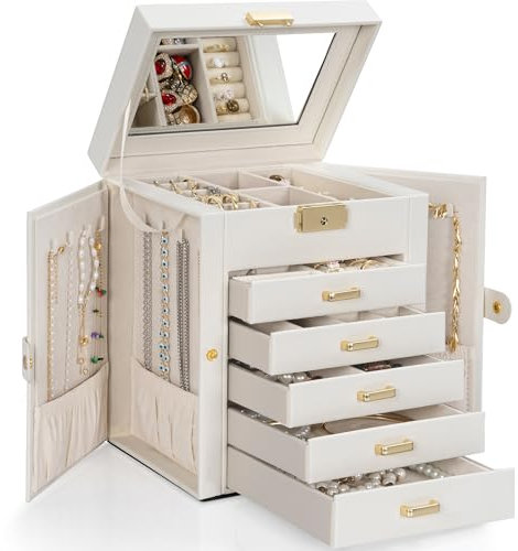 TORIBIO Large Jewelry Box for Women, Leather Jewelry Organizer with Mirror & Lock, 6-Tier Jewelry Storage Case for Girls/Women/Mothers, Necklace Earring Bracelets Holder Organizer