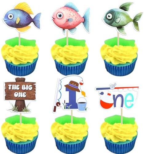 Ephlyn 36Pcs The Big One Cake Topper Fishing Cupcake Topper Ofishally One Cupcake Topper Decorations for Fisherman Birthday Fishing Pole Theme Party Baby Shower Supplies