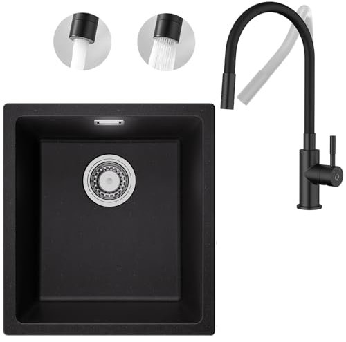 Évier de cuisine flexible avec robinet de cuisine flexible - 2 types de jet - 40 x 44 x 20 cm - Noir - Évier de cuisine moderne en granit - Rectangulaire - Lavabo de cuisine à partir de 40 cm