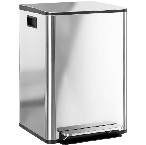 HOMCOM Cubo de Basura de Cocina con 2 Compartimentos 2x20L Papelera de Cocina de Acero Inoxidable con Pedales Tapas de Cierre Suave y Cubo Extraíble para Reciclaje Residuos Restos de Comida Plata