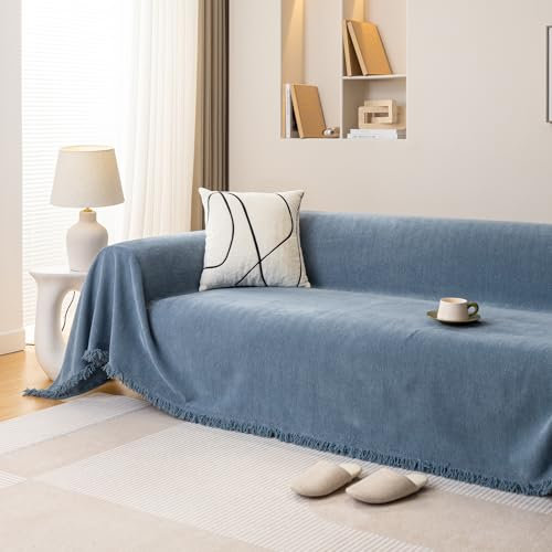 JIcloun Blau Sofa überwurfdecke L Form Große 1 2 3 4 Sitzer Sofadecke Kuscheldecke Chenille Couch Überwurf Tagesdecke mit Fransen, Wasserdicht 180x300cm