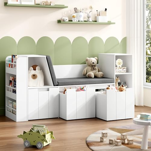 BOTLOG 61.5 Kids Reading Nook with 3-Layer Bookshelf, Reading Nook for Kids with Double Bench and Rolling Drawers, Bookshelf and Toy Storage for Nursery, Playroom (White)