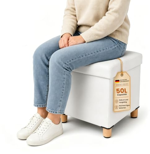 LEEJARD Hocker mit Stauraum, Klappbarer Sitzhocker aus PU, Fußhocker mit Massivholzbeinen, Anti-Rutsch-Pads, Pouf für Wohnzimmer Schlafzimmer Bad(Weiß, L:38 * W:38 * H:40 cm)