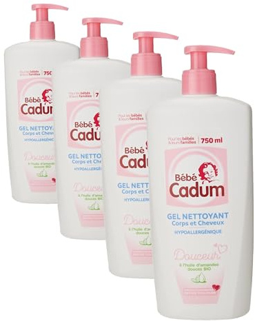 Cadum Bébé Cadum Gel Nettoyant Corps et Cheveux à l'Huile d'Amandes Douces Bio pour Bébé, 750ml (Lot de 4)