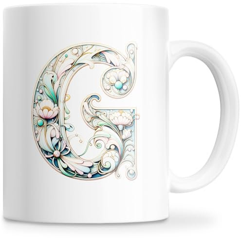 Taza Personalizada con Letra Inicial del Nombre - Taza Cerámica 350ML con Motivo Floral, Regalos Originales para Mujeres, Mamá, Amigos - Apta para Lavavajillas y Microondas (G)