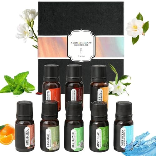8-Piece Water-Soluble Essential Oils Set - 10 ML Bottles with Fragrances Including Jasmine, White Tea, Rose, Lily, Freesia, Orange, Mint, and Deep Ocean - Excellent Gift for Diffusers, Humidifiers