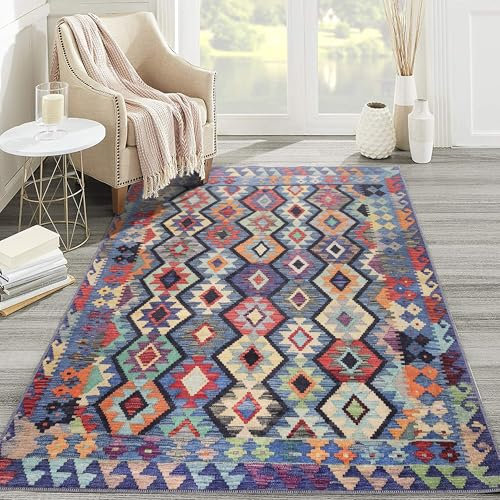 NETLINE HOME Teppich Wohnzimmer - Waschbarer - Teppich Rutsch Stop - rutschfeste Teppiche Aus Baumwolle Gewebt - Vintage Boho Teppich Für, Schlafzimmer Küche Flur Und Salon (BLAU, 160X230)