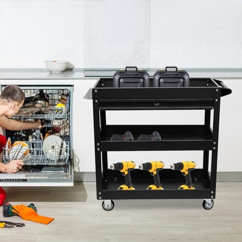 Werkstatt Rollwagen 3-stufiger Rollender Werkzeugwagen 150kg Werkzeugwagen mit Schiebeschublade Werkzeugwagen für Werkstätten, Garagen und Lagerhäuser, 76.3 x 35.3 x 83.5 cm, Schwarz