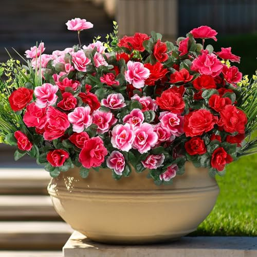 Thiccywoov 12 Pcs Artificial Azalea Faux Eucalyptus Leaves Stems Spray Fake Grass Greenery Flower Bouquet Arrangements for Patio Garden Porch Patio Front Door Spring Outdoor Decoration(Vivid)