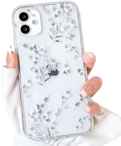 NITITOP Kompatibel mit iPhone 12 Hülle Süße Durchsichtig Klares Blume Muster für Frauen Mädchen mit Niedliche Blumenzweig-Design Weiche TPU Stoßfeste Dünne TPU Handyhülle - Weiß