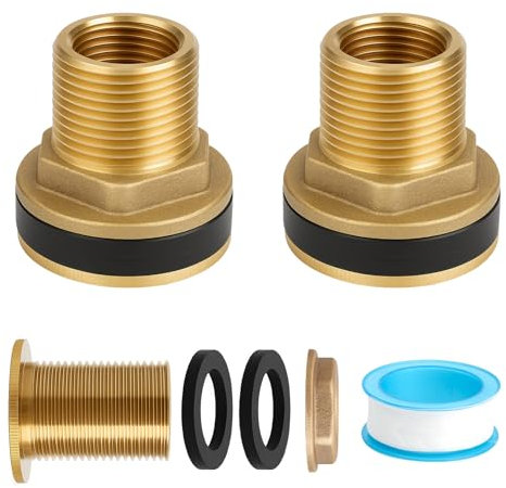 APOMOONS Lot de 2 Raccords de Réservoir en Laiton Raccord Citerne Eau de Pluie avec Filetage Intérieur 1/2 X Filetage Extérieur 3/4 pour Seaux Robinets Réservoirs avec Une Bobine de Ruban PTFE